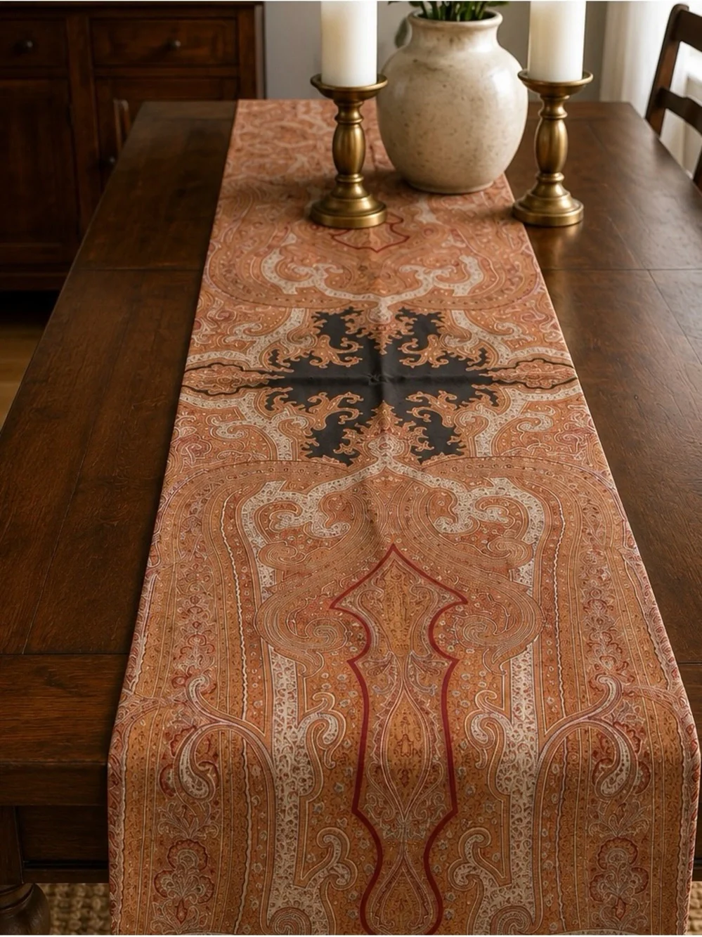 Pottery Barn Paisley Table Runner 22x90 Cotton Linen Red Black